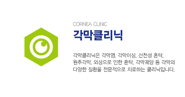 CORNEA CENTER 각막클리닉 / 각막클리닉는 각막염, 각막이상, 선천성 혼탁, 원추각막, 외상으로 인한 혼탁, 각막궤양 등 각막의 다양한 질환을 전문적으로 치료하는 클리닉입니다.