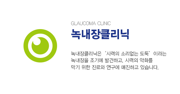 GLAUCOMA CENTER 녹내장클리닉 / 녹내장클리닉는 '시력의 소리없는 도둑'이라는 녹내장을 조기에 발견하고, 시력의 악화를 막기 위한 진료와 연구에 매진하고 있습니다.